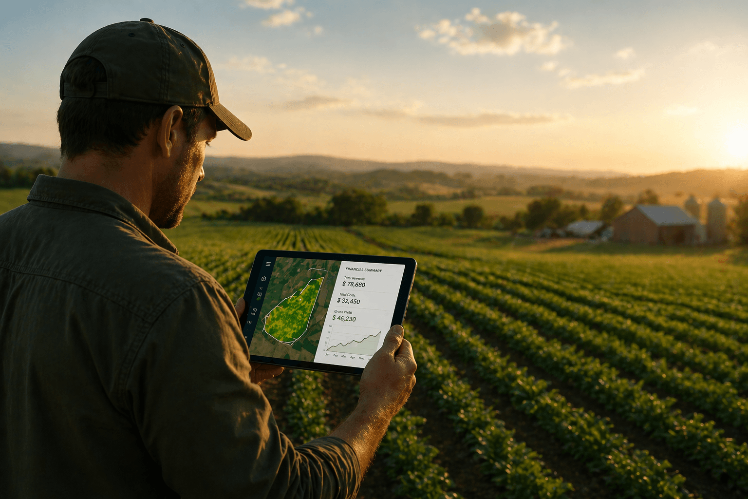 Farmer reviewing TrueAgri field analytics and financial summary on a tablet in the field at sunset