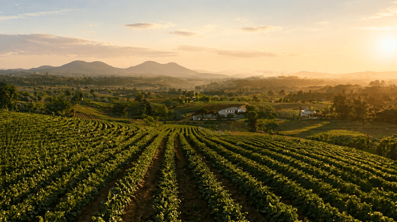 Lush farmland at sunset